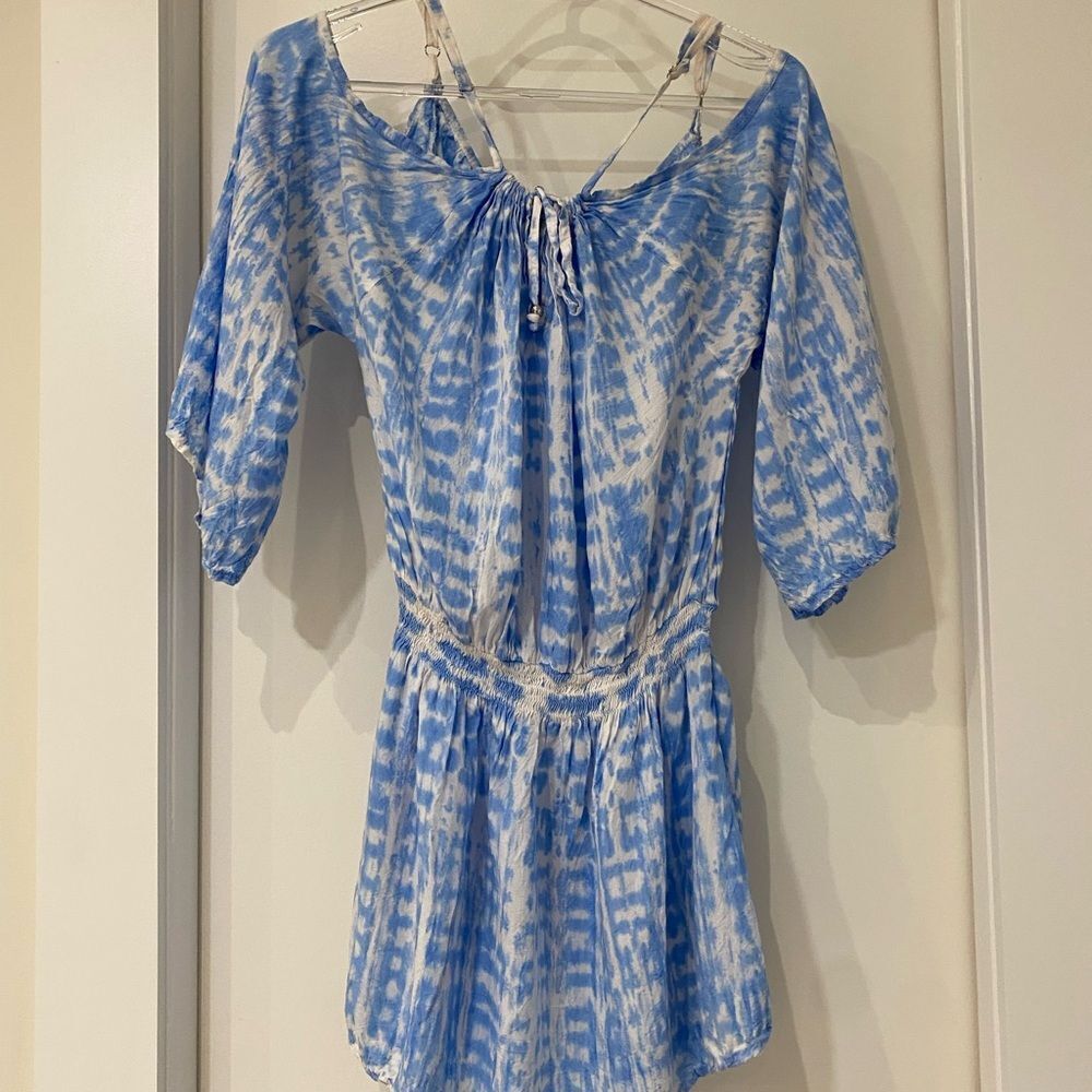 TIARE HAWAII Blue and White Tie-Dye Off-Shoulder Dress one size